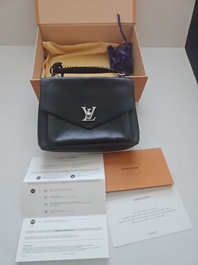 Authentic Louis Vuitton Mylockme MM Black Grained Calfskin Leather Shoulder Bag